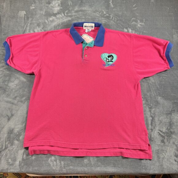 VTG 90s Six Flags Pepe Le Pew Embroidered Polo Shirt Men’s Fuchsia Teal Size L - Picture 2 of 10